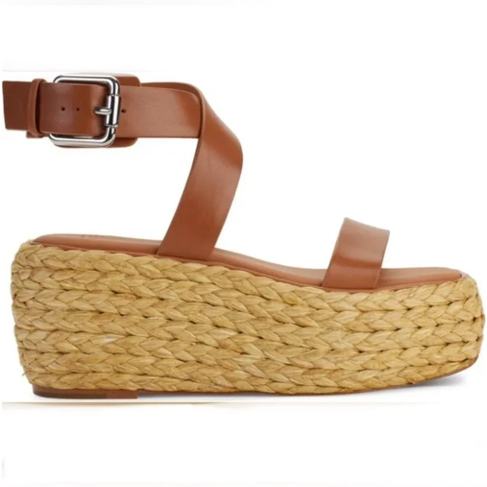 DONNA KARAN Pure $210 Lolah Ankle Strap Raffia Platform LEATHER Sandals Size 10